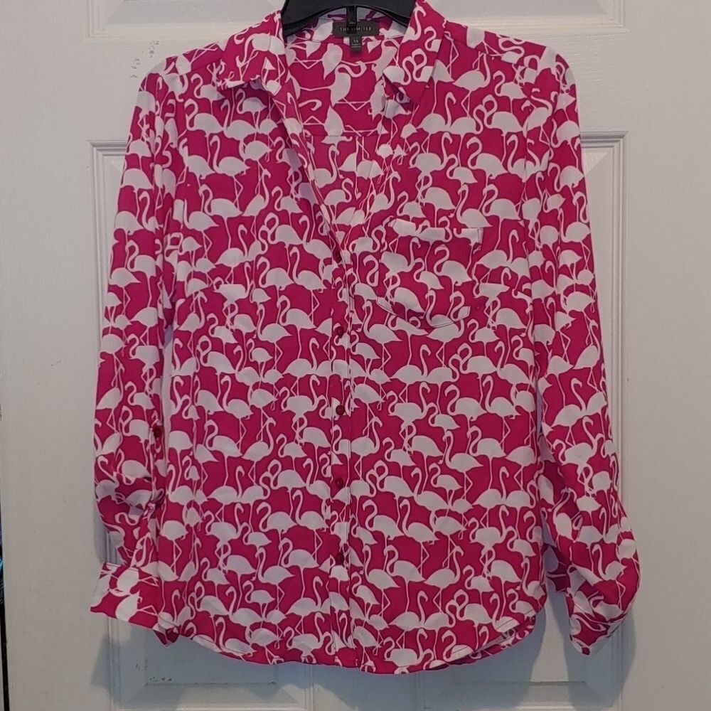 The Limited white and pink flamingo blouse Sz XS